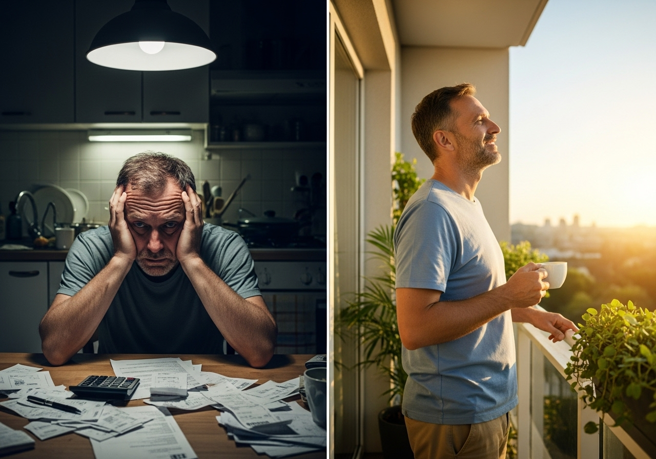 Diagrama de transformação financeira, mostrando a transição de 'No aperto todo mês' para 'Tranquilidade financeira'.